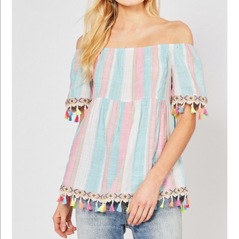 3/$20 NWT FSL + Apparel Pink and Aqua Striped Tassel Top